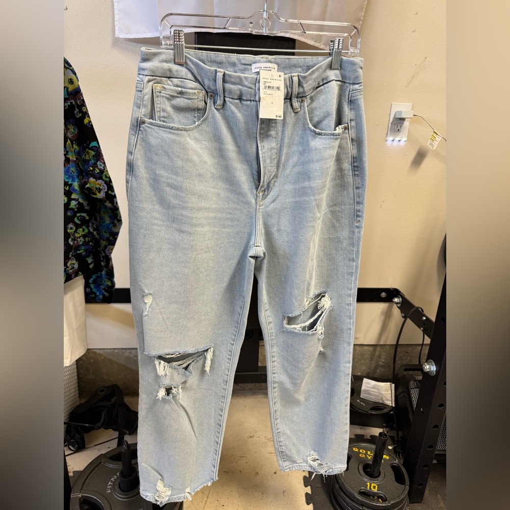 NWT Good American Light Blue Ripped Boyfriend Jeans, sz 12/31